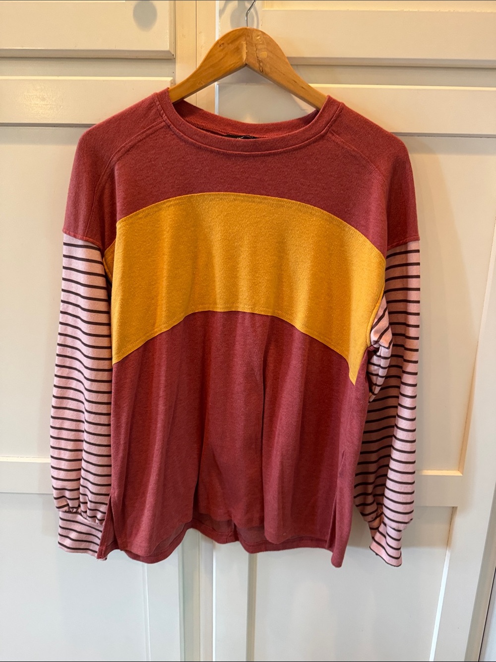 Women’s Long Sleeve Colorblock Tee in Burgundy and Mustard